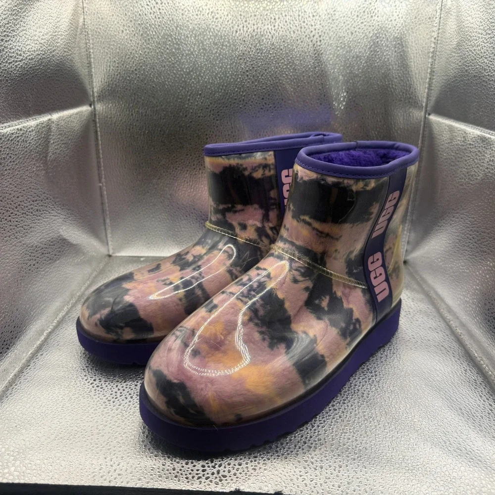 Size 9 UGG Classic Clear Mini‎ Violet Night Marble Womens Pull On Rain Boots